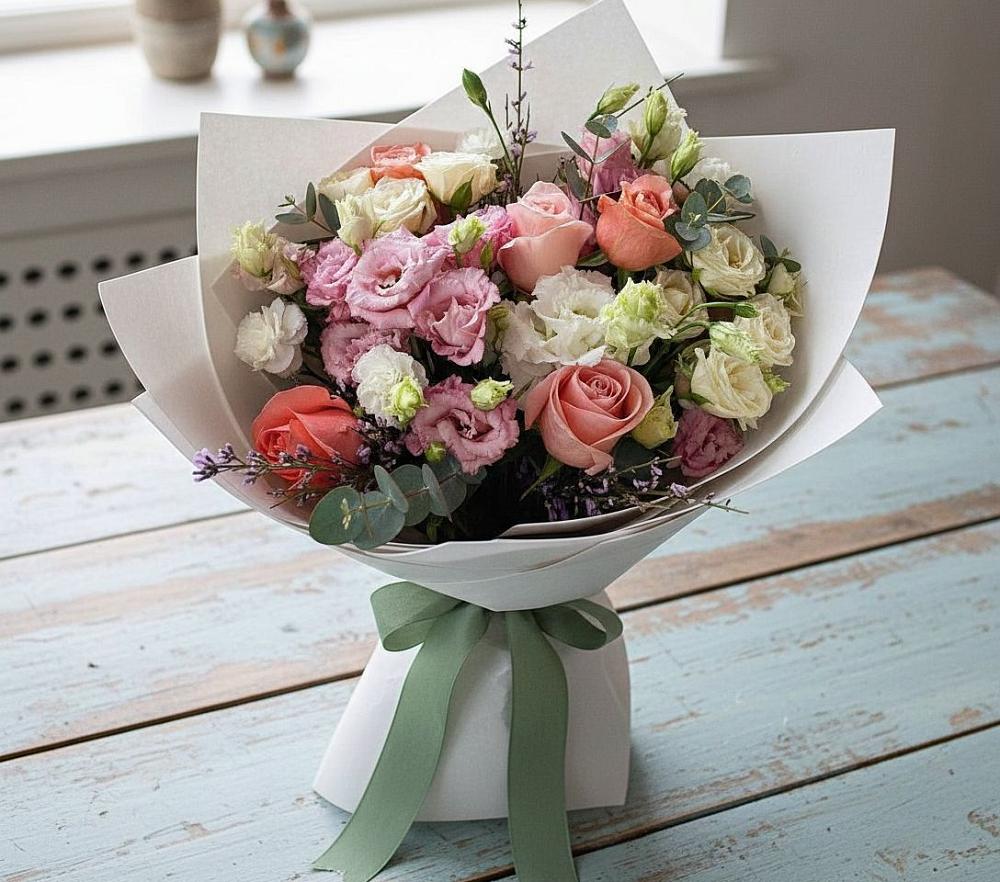 Букет цветов из: Розы, Лизиантусы и Гвоздики в Уве